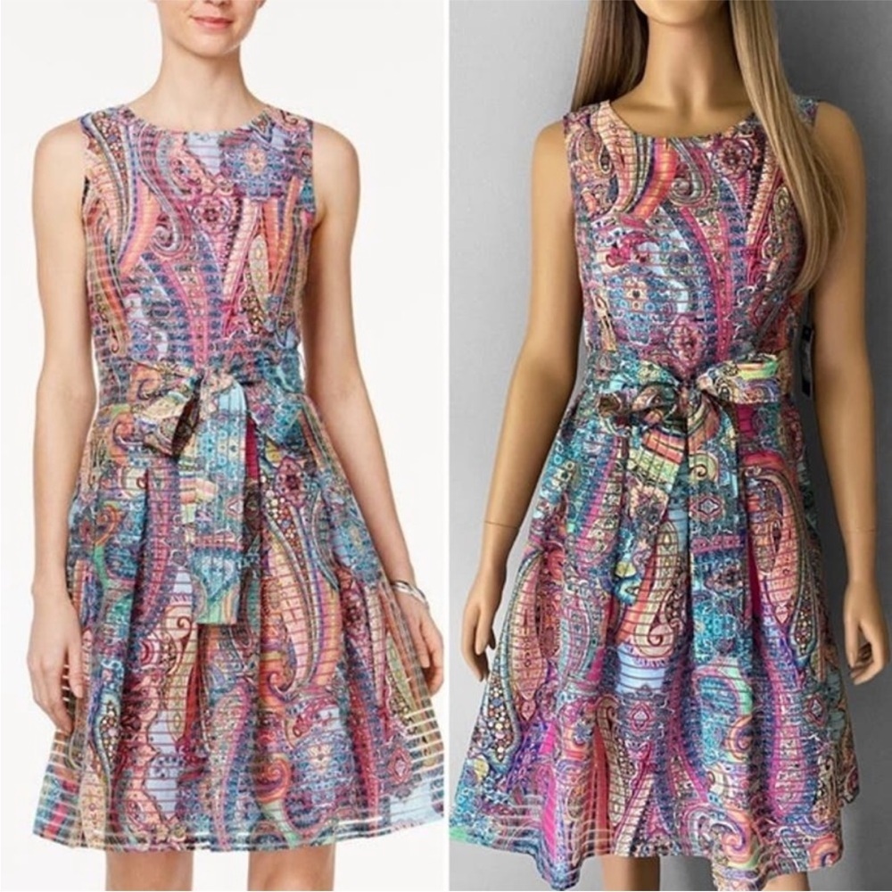 TOMMY HILFIGER Paisley Mesh Fit & Flare Belted Dress | 14, 21”PTP, 17”waist,39”L
